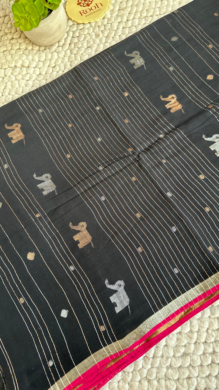 PREMIUM NEEDLE WORK JAMDANI HANDWOVEN AND HANDSPUN COTTON SAREE - CHARCOAL BLACK