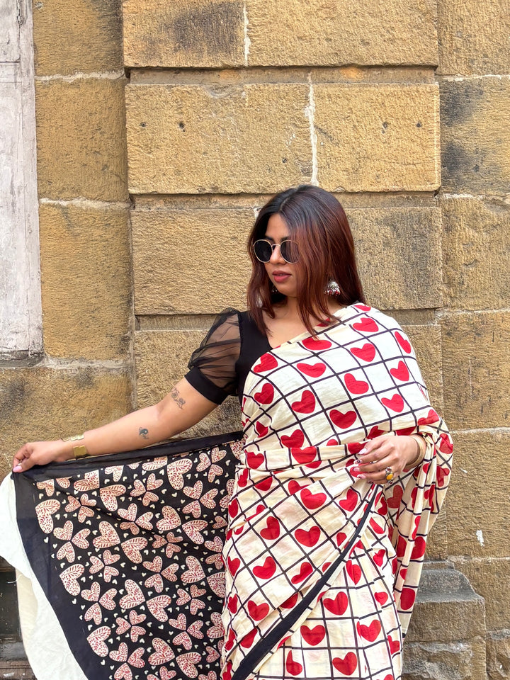 DILBARO - QUIRKY BAGRU HAND BLOCK PRINTED SOFT MULMUL COTTON SAREE