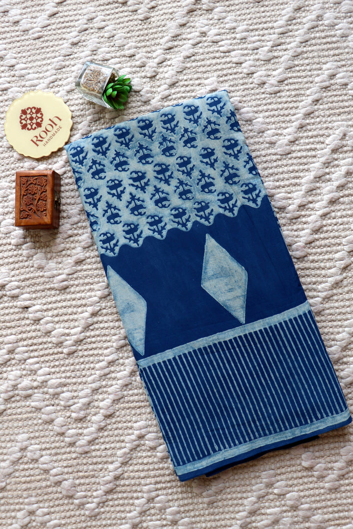 AKOLA INDIGO HAND BLOCK DABU PRINTED SOFT MULMUL COTTON SAREE- 018