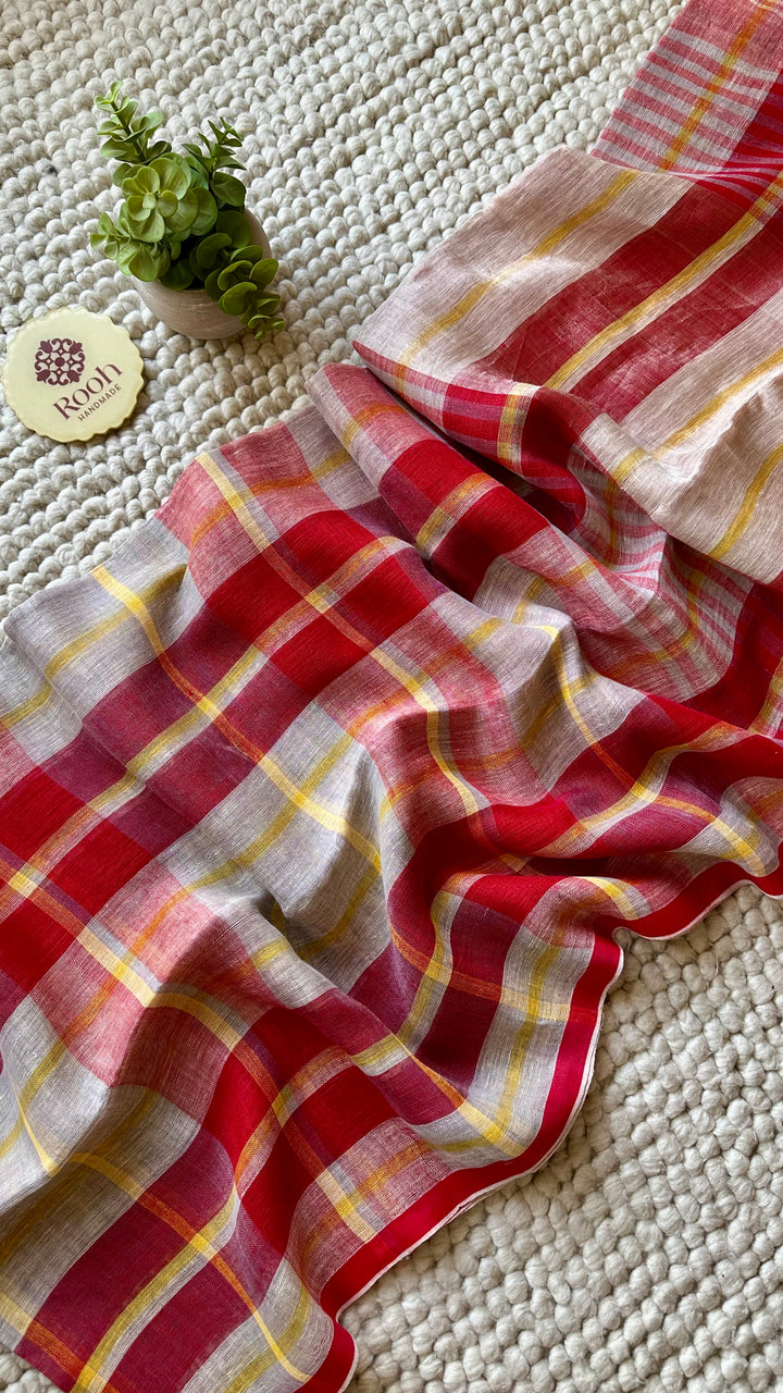 Multi Colour Checked Pure Handwoven Linen Saree - 003