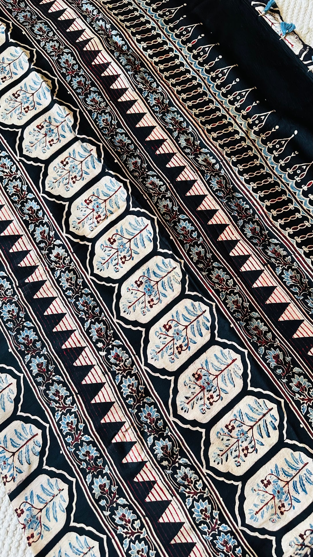 VRITIKA- BLACK STRIPED AJRAKH HAND BLOCK PRINTED PREMIUM MODAL SILK SAREE (ONLY AVAILABLE ON PRE ORDER- DISPATCH TIME IS 45-50 DAYS)