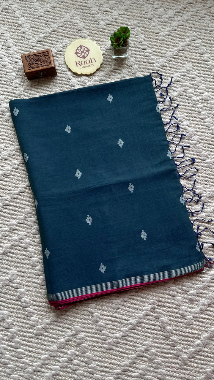 PREMIUM JAMDANI WEAVE HANDWOVEN AND HANDSPUN COTTON SAREE - PEACOCK BLUE