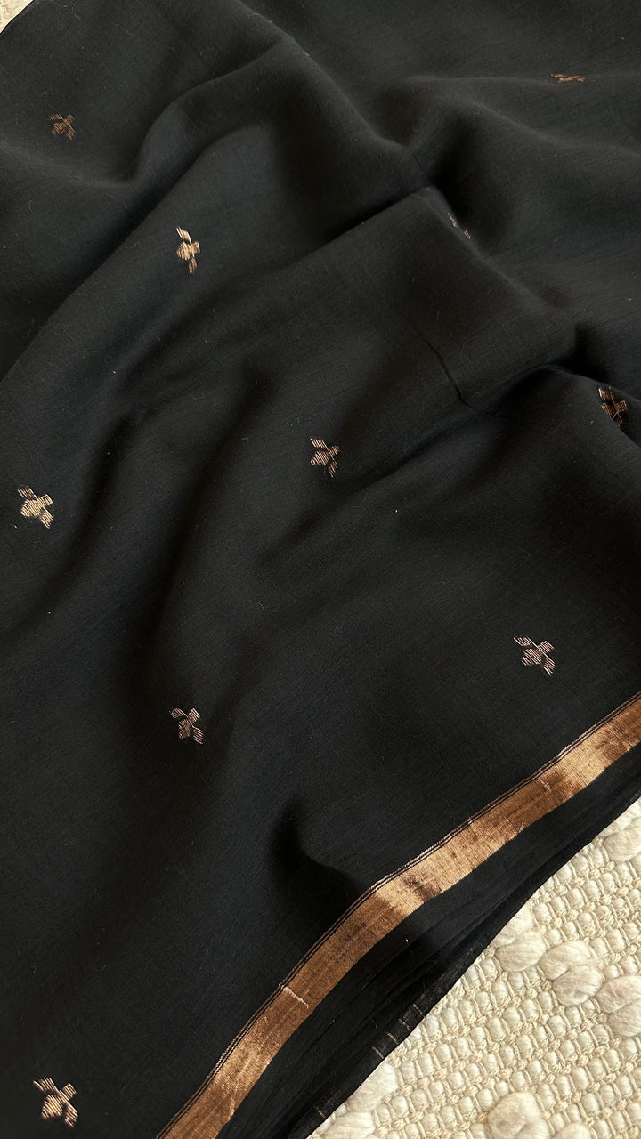 PREMIUM JAMDANI WEAVE HANDWOVEN AND HANDSPUN COTTON SAREE - MIDNIGHT BLACK (AVAILABLE ON PRE-ORDER - DISPATCH TIME IS 30-35 DAYS)