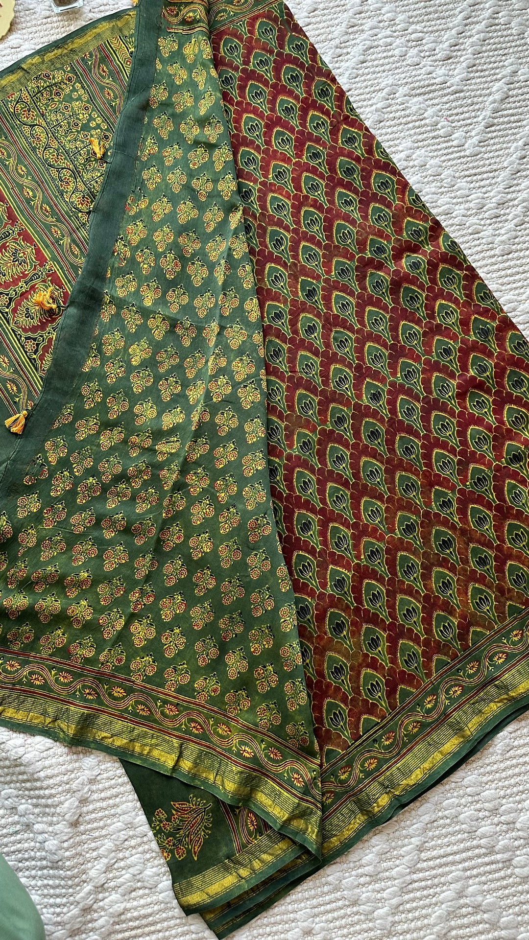 LOTUS PANES - MADDER RED AND GREEN AJRAKH HAND BLOCK PRINTED SILK COTTON SAREE