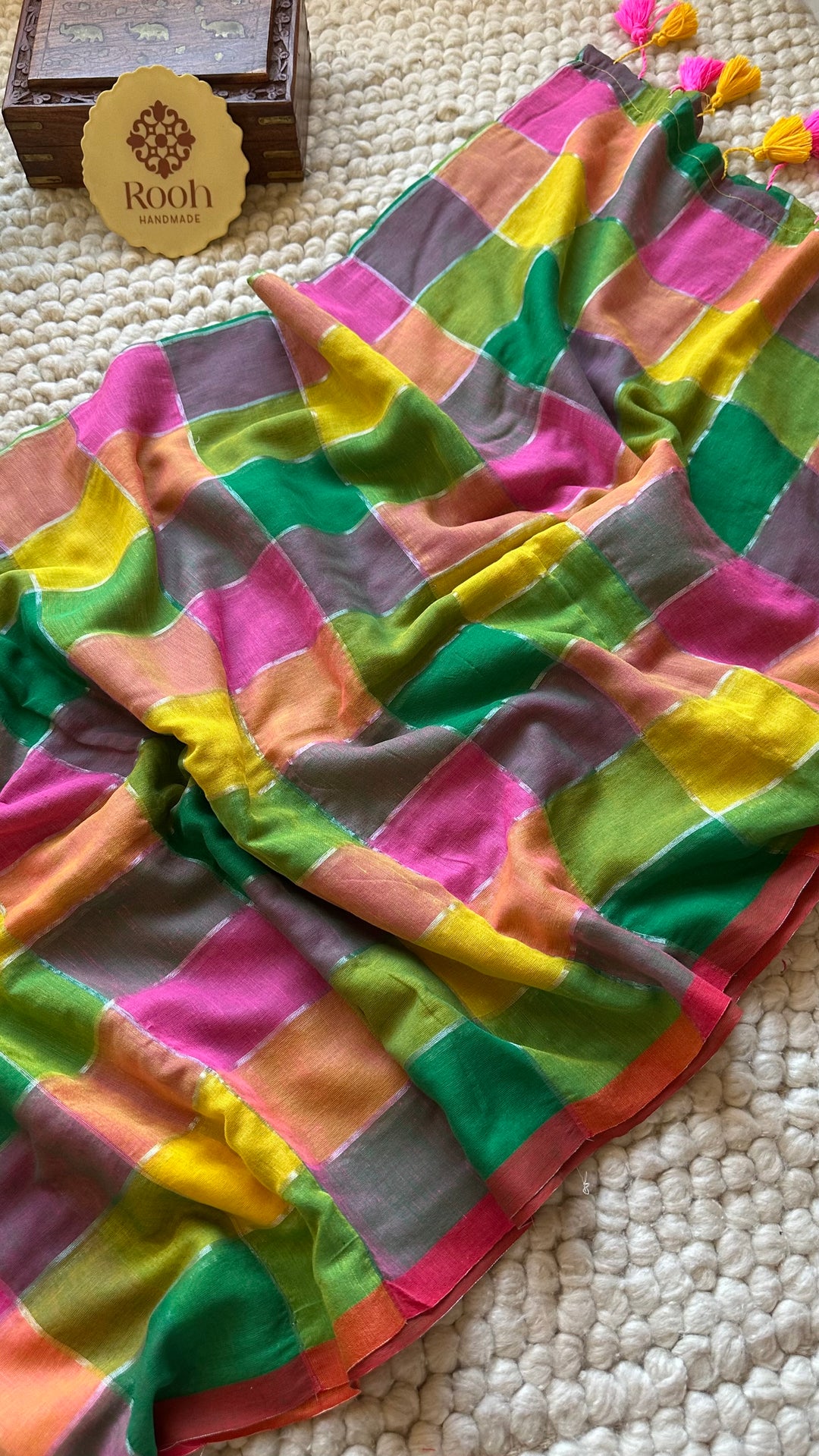 HANDWOVEN MULTICOLOUR ZARI CHECKS PURE MULMUL COTTON SAREE - 06