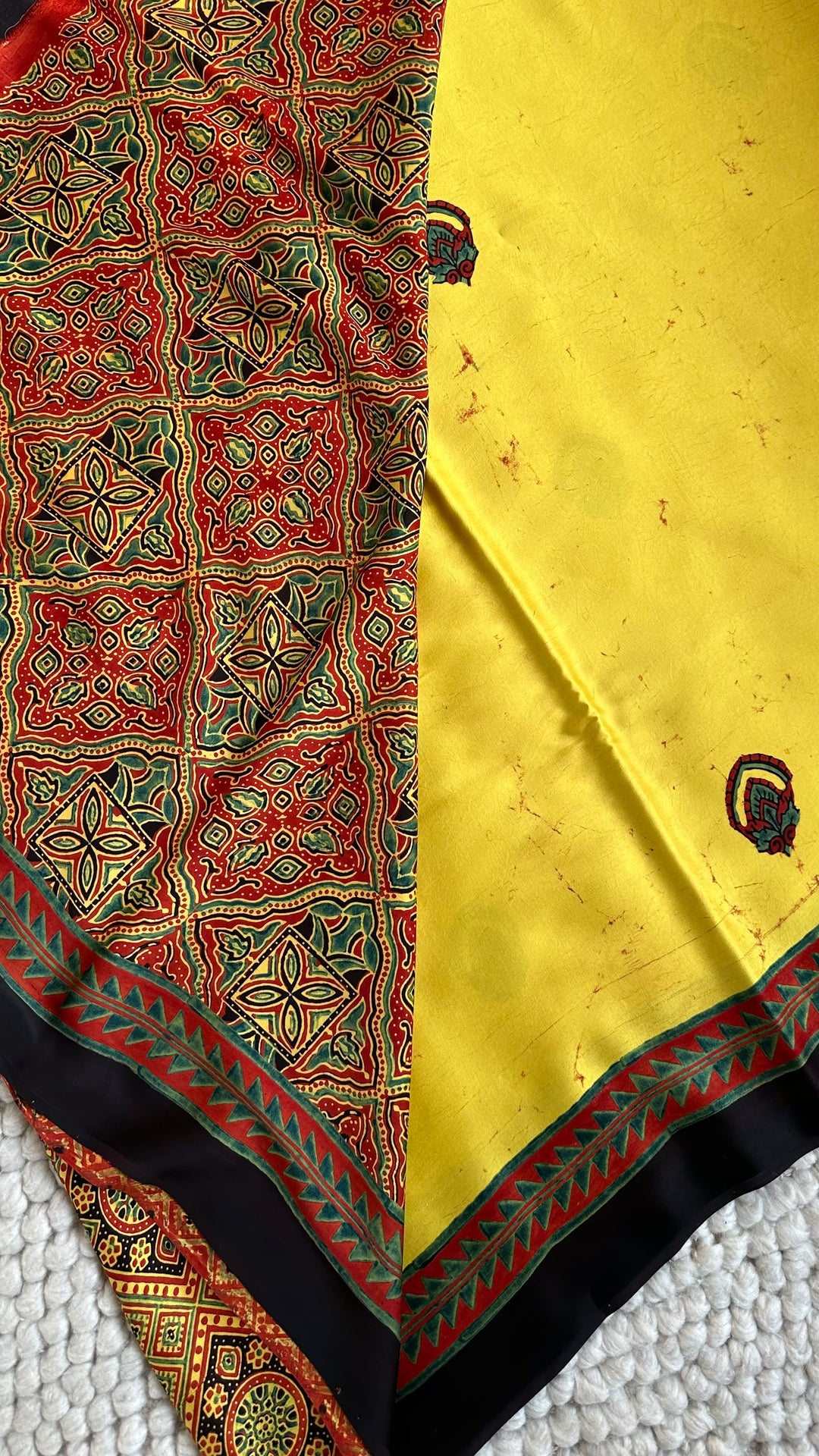 YELLOW CHARMS - AJRAKH HAND BLOCK MARBLE PRINTED PREMIUM MODAL SILK SAREE  (ONLY AVAILABLE ON PRE-ORDER - DISPATCH TIME IS 30-35 DAYS)