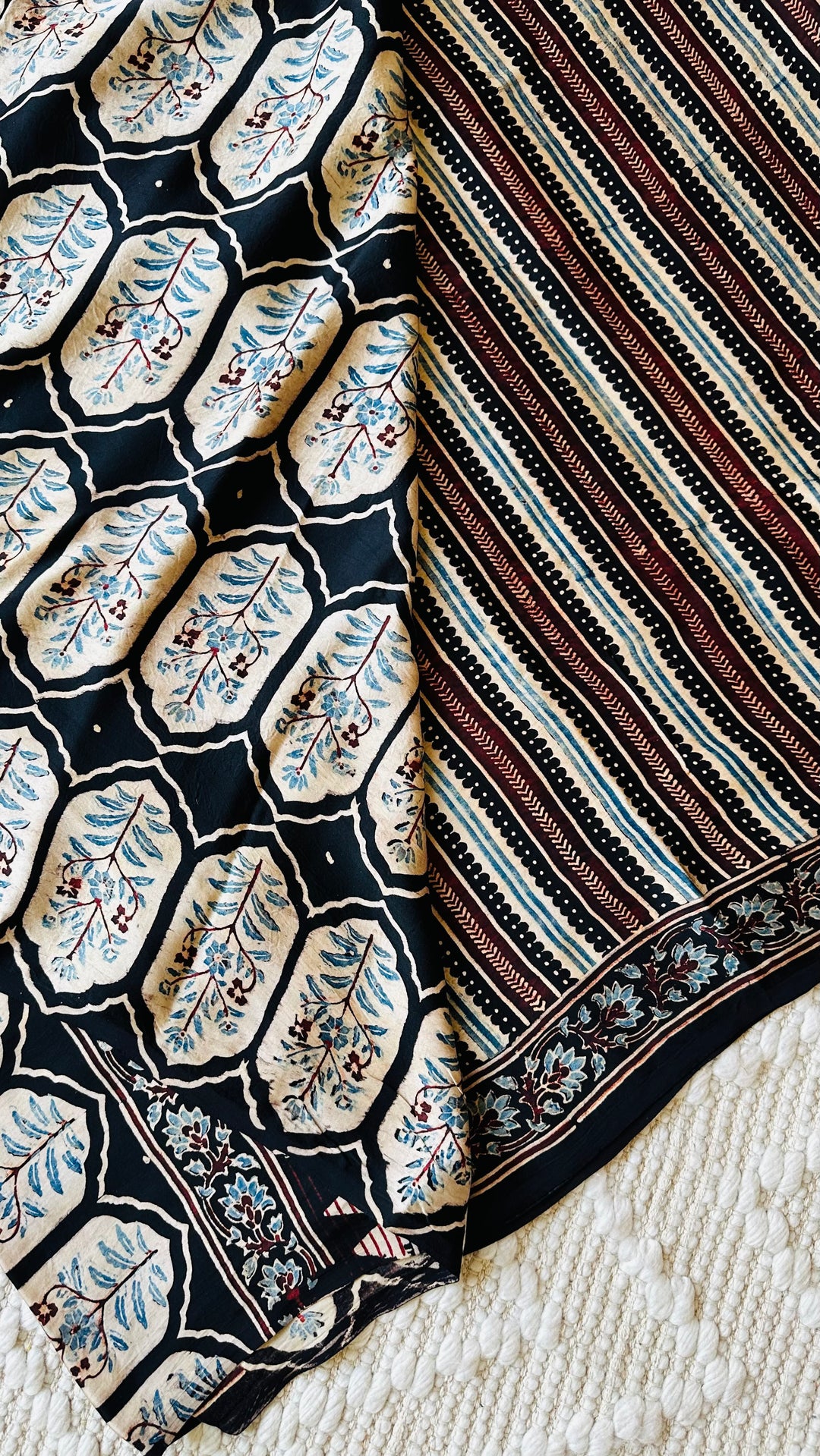 VRITIKA- BLACK STRIPED AJRAKH HAND BLOCK PRINTED PREMIUM MODAL SILK SAREE (ONLY AVAILABLE ON PRE ORDER- DISPATCH TIME IS 45-50 DAYS)