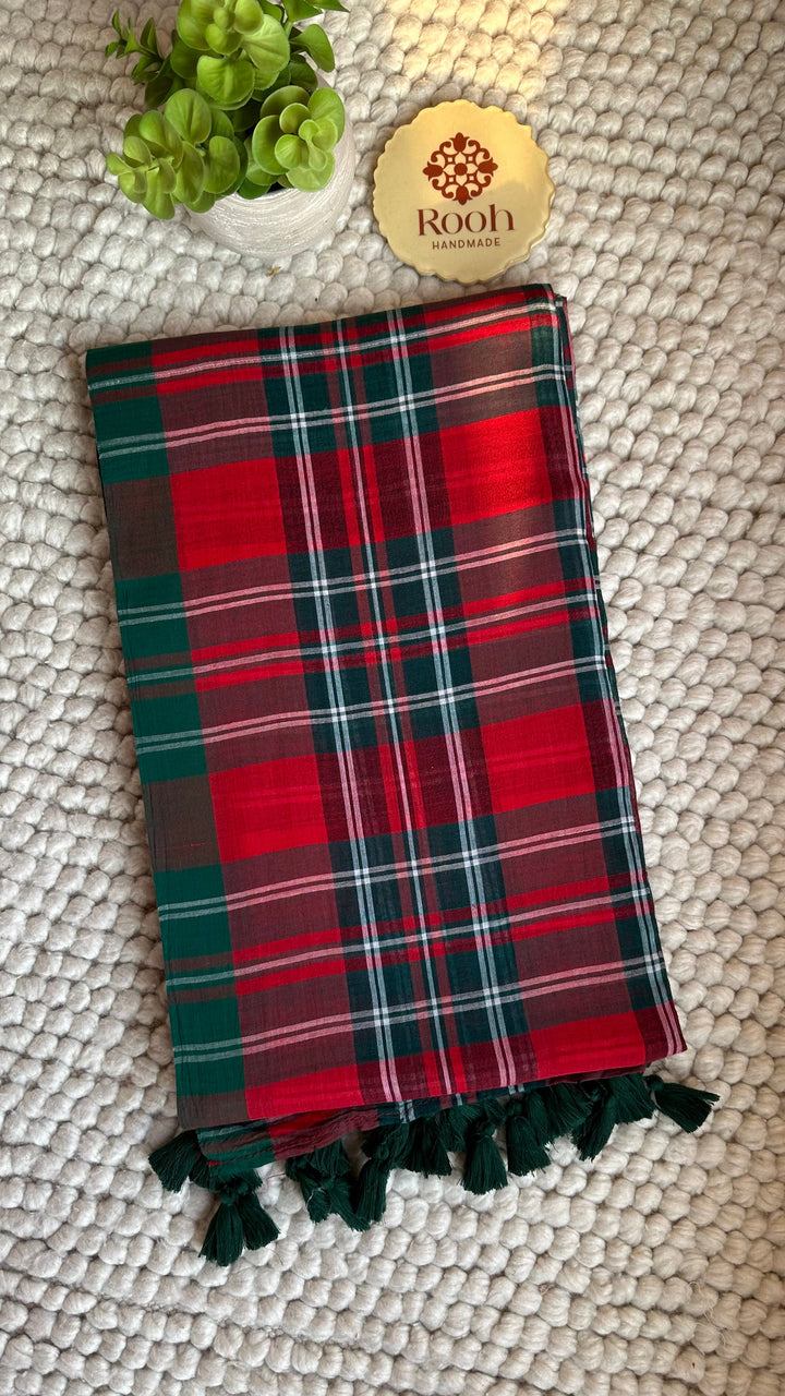 MULTICOLOUR CHECKS PURE SUPER SOFT MULMUL COTTON SAREE - 018