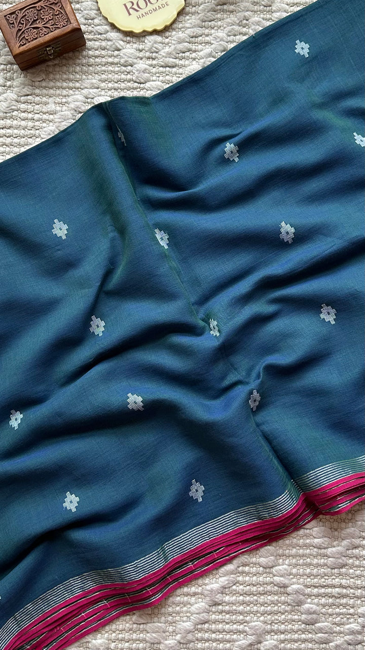 PREMIUM JAMDANI WEAVE HANDWOVEN AND HANDSPUN COTTON SAREE - PEACOCK BLUE