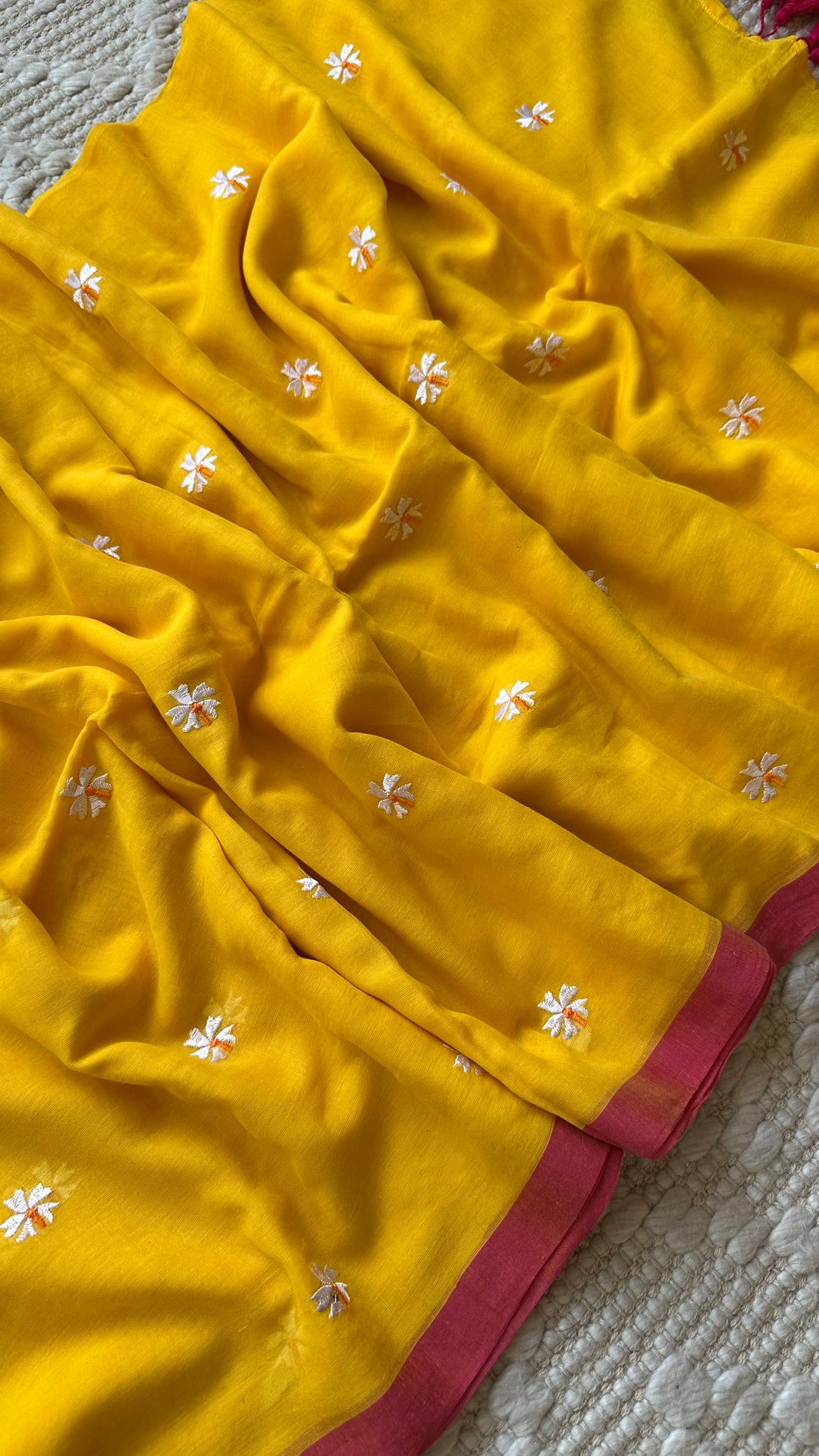 SHIULI - SUNSHINE YELLOW WITH PINK BORDER SUPER SOFT MUL COTTON SAREE (DISPATCH TIME - 7 TO 10 DAYS)