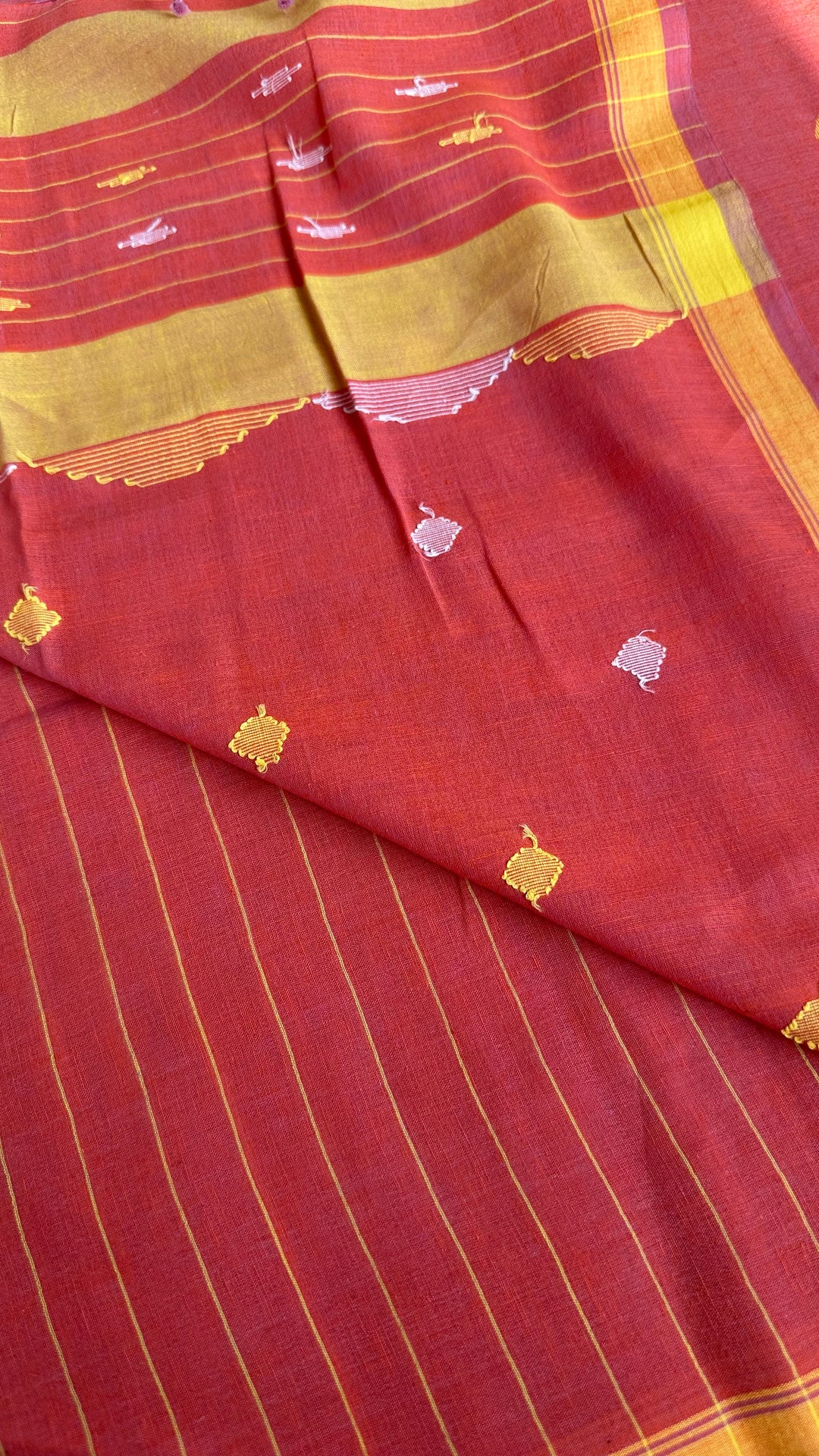 PREMIUM NEEDLE WORK JAMDANI HANDWOVEN AND HANDSPUN COTTON SAREE - PEACHY ORANGE