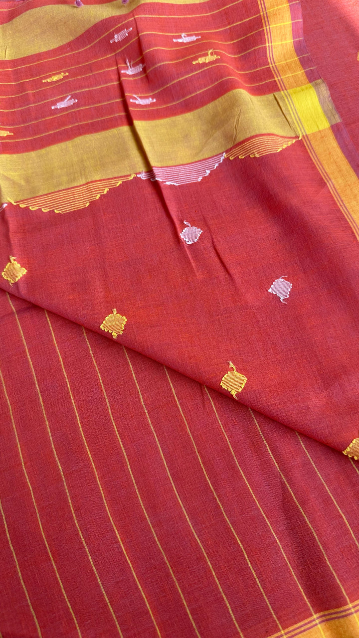 PREMIUM NEEDLE WORK JAMDANI HANDWOVEN AND HANDSPUN COTTON SAREE - PEACHY ORANGE