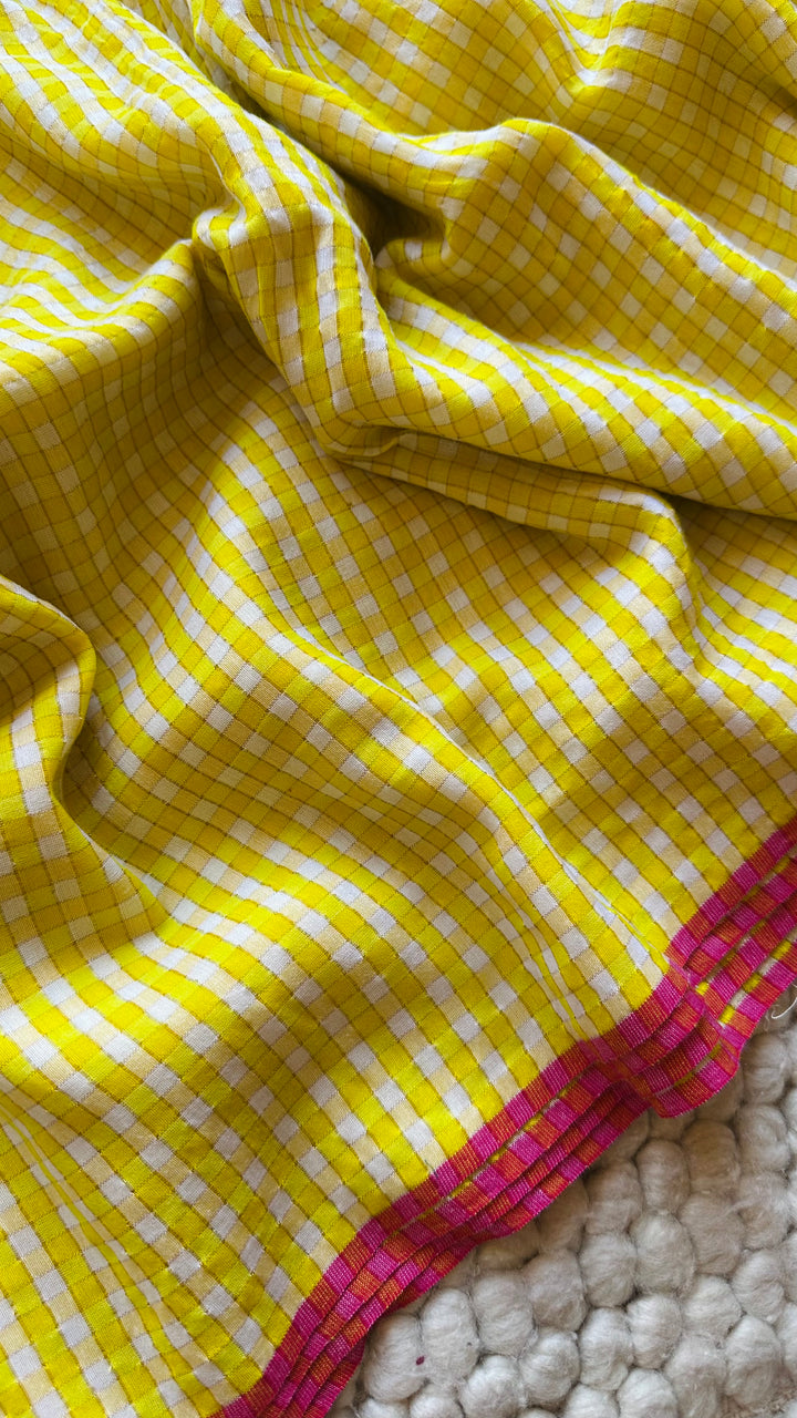 HANDWOVEN LEMON-YELLOW ZARI CHECKS PURE MULMUL COTTON SAREE (DISPATCH TIME IS 15-20 DAYS)