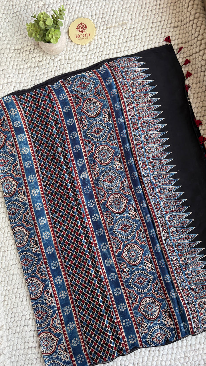 ROOH EXCLUSIVES- AJRAKH HAND BLOCK PRINTED PREMIUM MODAL SILK SAREE 01