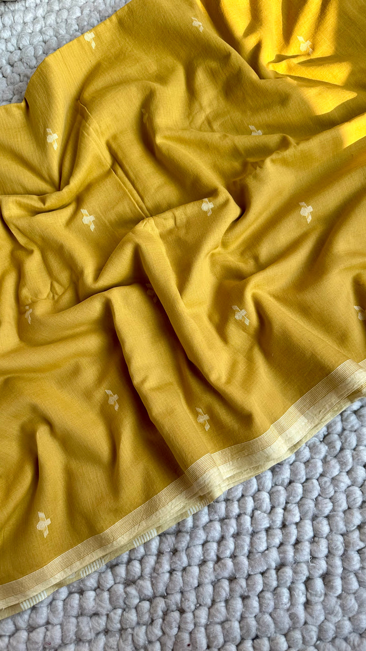 PREMIUM NEEDLE WORK JAMDANI HANDWOVEN AND HANDSPUN COTTON SAREE -  OCHRE YELLOW