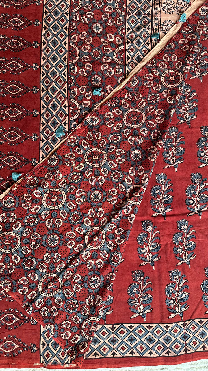 PREMIUM AJRAKH HAND BLOCK PRINTED PURE SOFT COTTON SAREE- 001