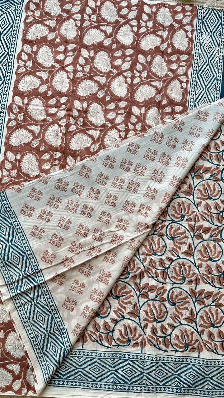 BAGRU HAND BLOCK PRINTED SOFT MULMUL COTTON SAREE- 072