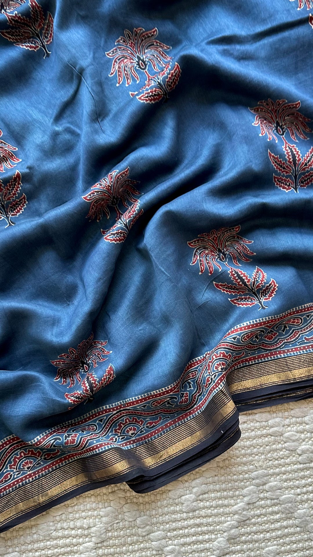 INDIGO BLOSSOMS - AJRAKH HAND BLOCK PRINTED SILK COTTON SAREE