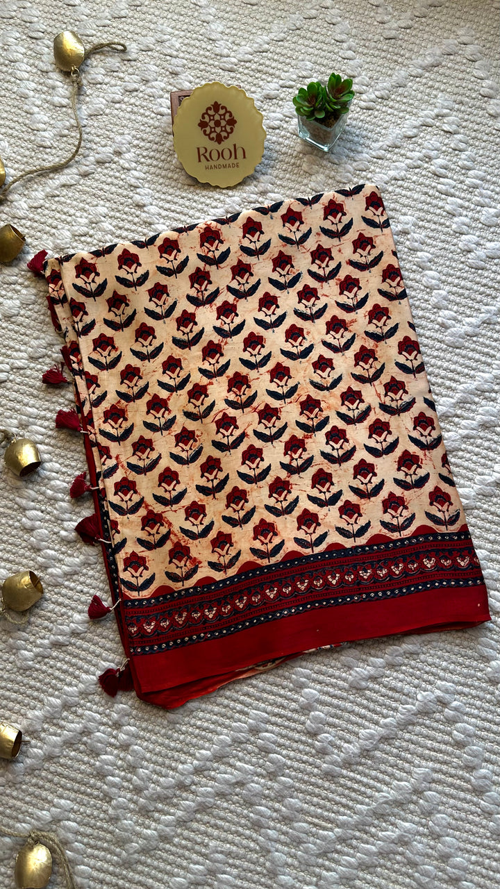 HUES OF AUTUMN- SUPER PREMIUM & BUTTERY SOFT AJRAKH HAND BLOCK PRINTED MODAL SILK SAREE (DISPATCH TIME IS 5 TO 7 DAYS)