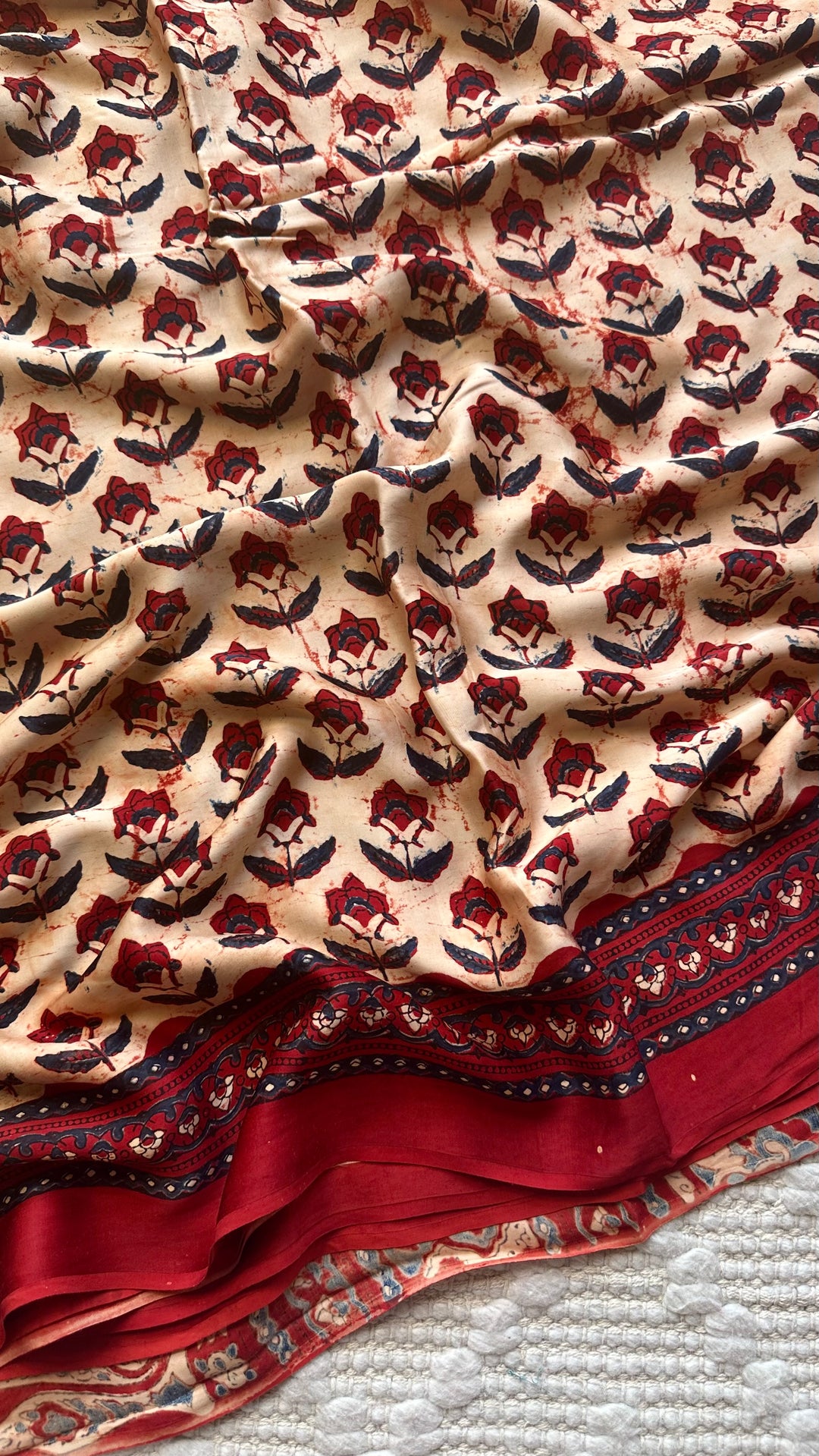 HUES OF AUTUMN- SUPER PREMIUM & BUTTERY SOFT AJRAKH HAND BLOCK PRINTED MODAL SILK SAREE (DISPATCH TIME IS 5 TO 7 DAYS)