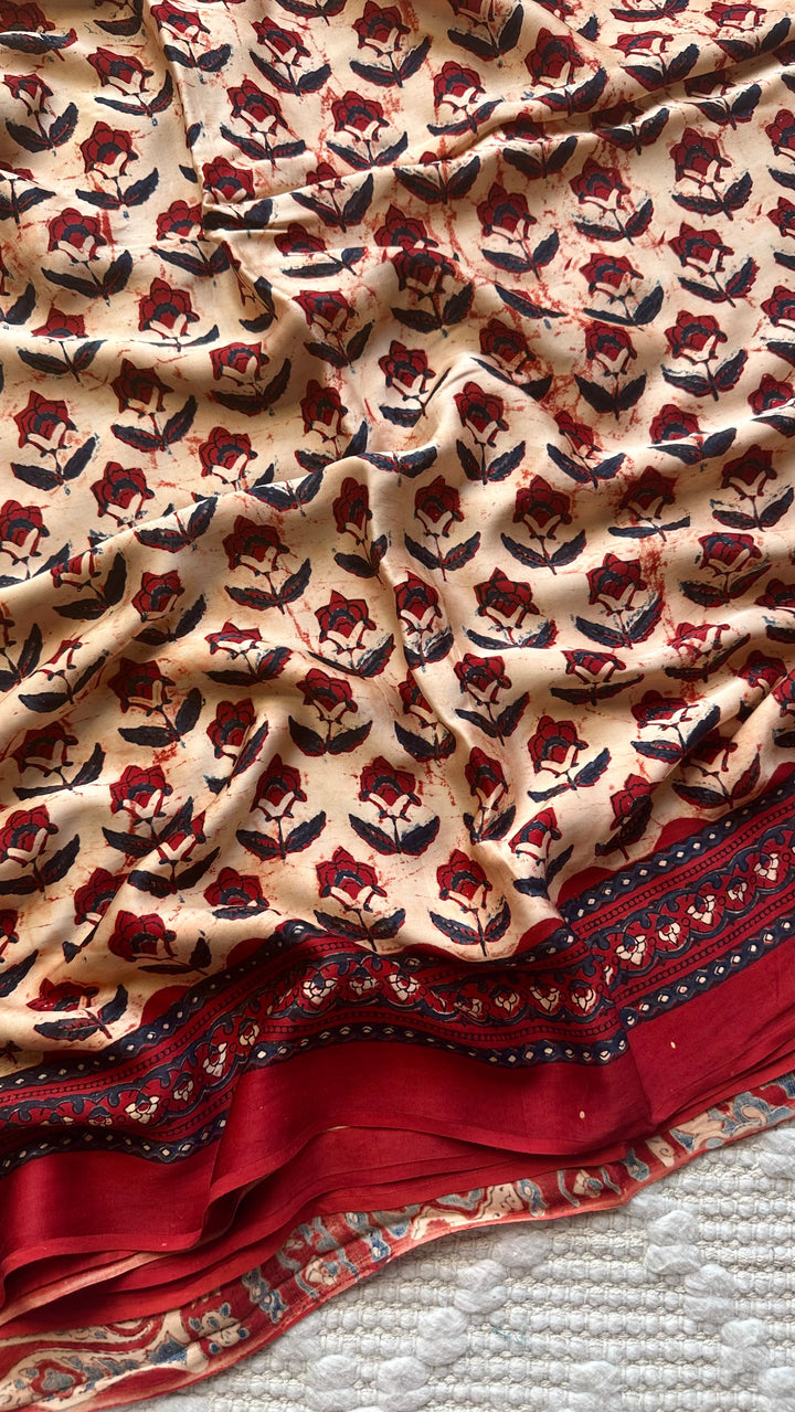 HUES OF AUTUMN- SUPER PREMIUM & BUTTERY SOFT AJRAKH HAND BLOCK PRINTED MODAL SILK SAREE (DISPATCH TIME IS 5 TO 7 DAYS)