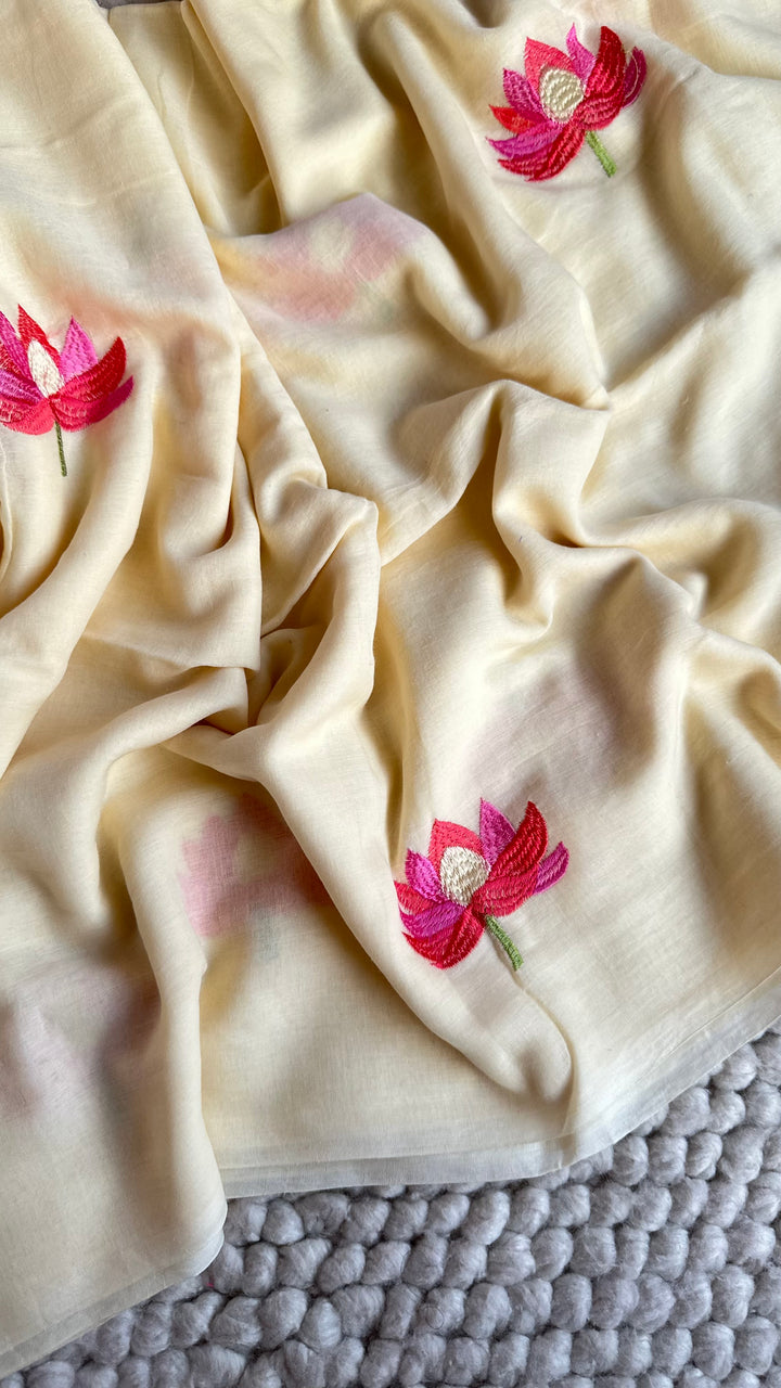 CREAMY WHITE - LOTUS EMBROIDERED PURE SUPER SOFT MULMUL COTTON SAREE