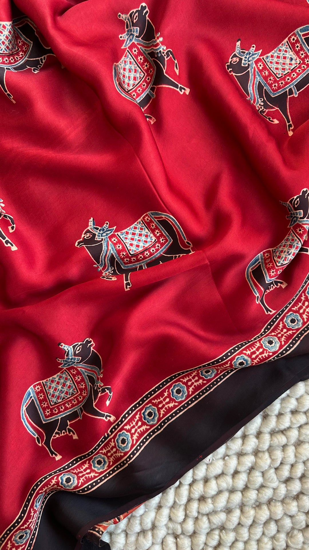 MADDER RED & BLACK PICHWAI NANDI - AJRAKH HAND BLOCK PRINTED PREMIUM MODAL SILK SAREE (AVAILABLE ON PRE-ORDER - DISPATCH TIME IS 30-35 DAYS)