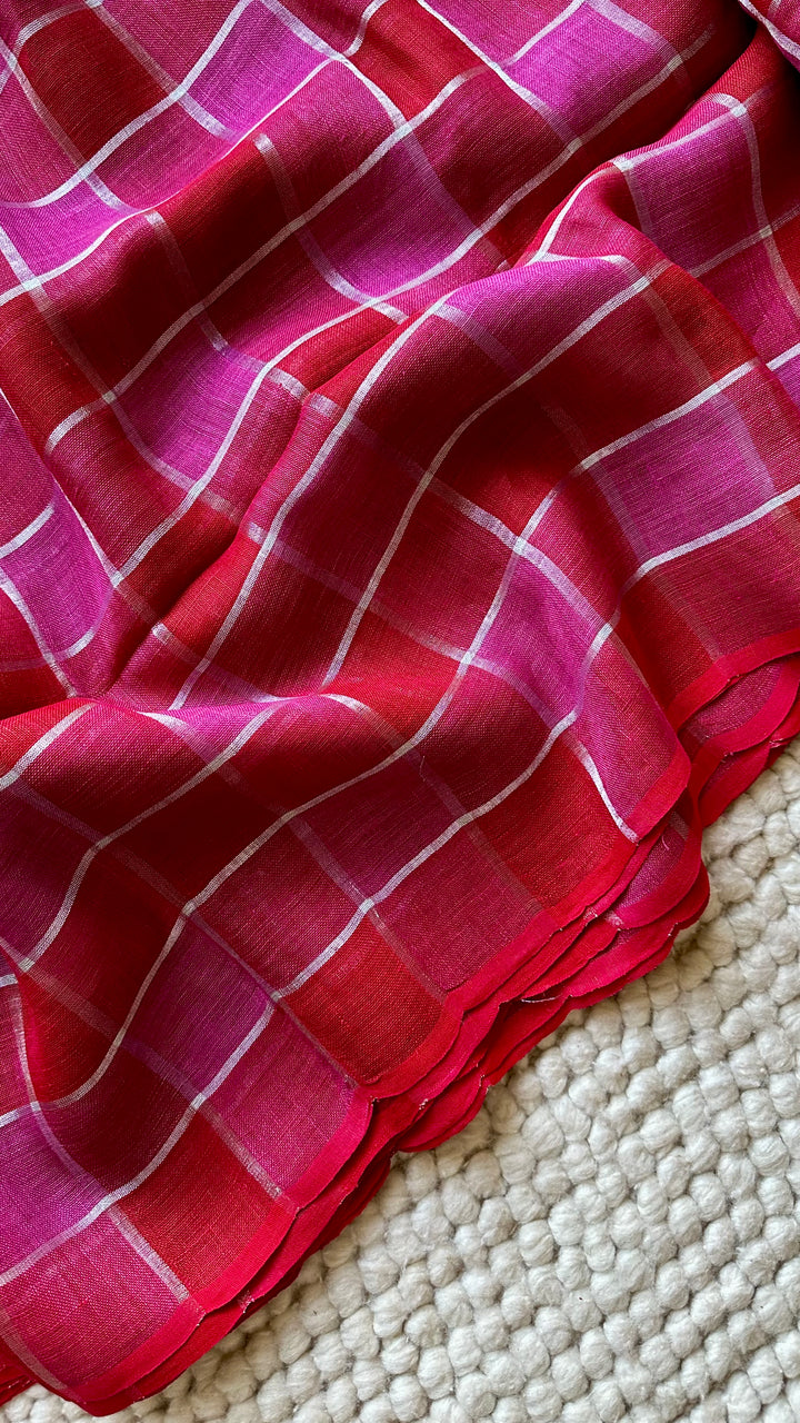 Multi Colour Checked Pure Handwoven Linen Saree - 004