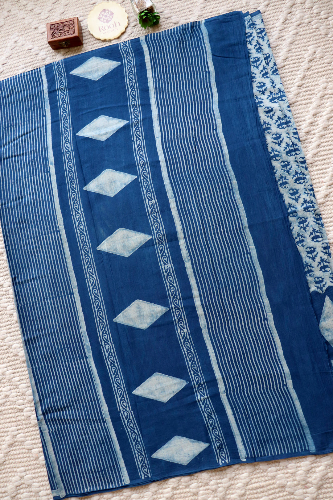 AKOLA INDIGO HAND BLOCK DABU PRINTED SOFT MULMUL COTTON SAREE- 018