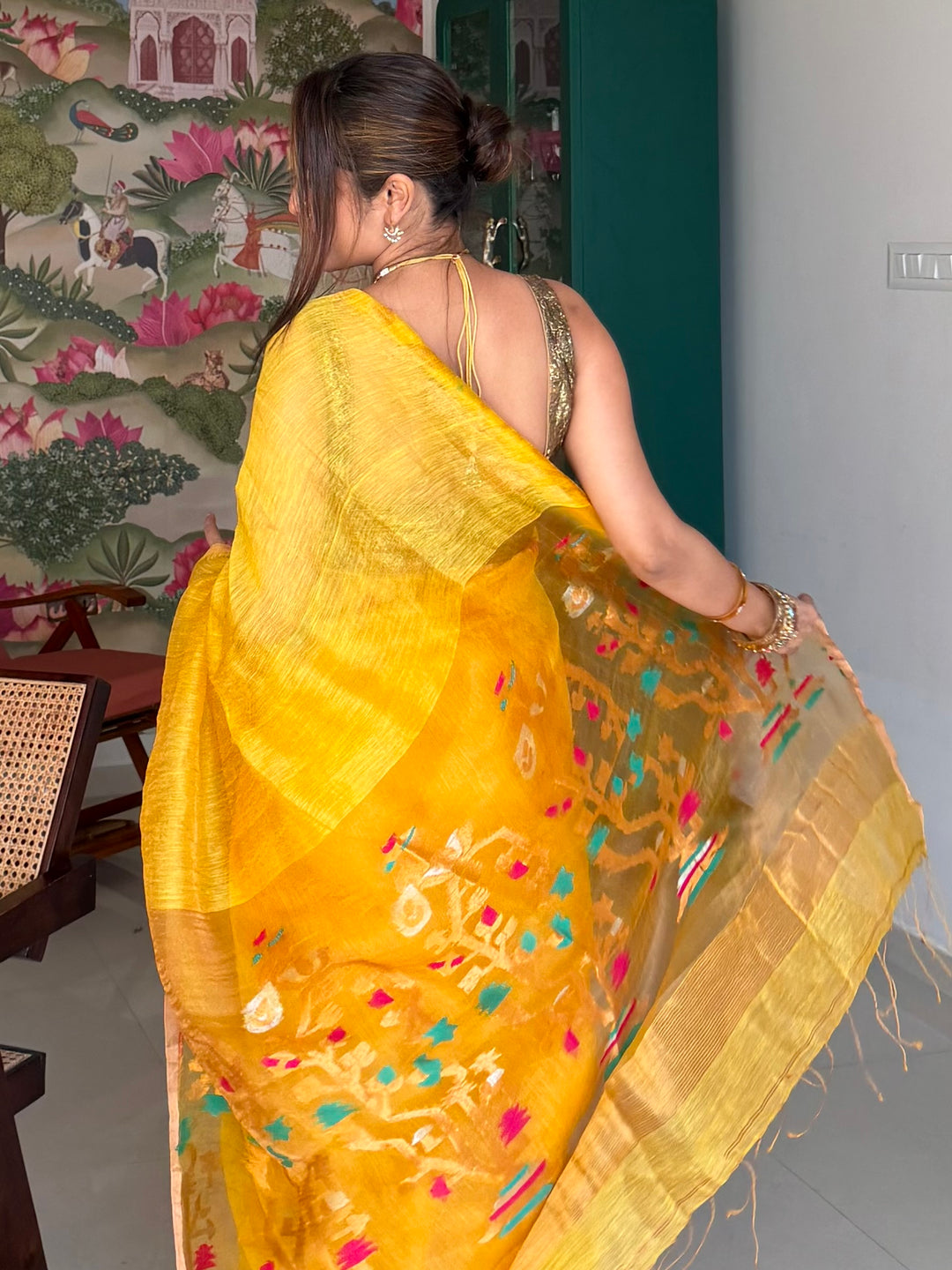SUPER PREMIUM HANDWOVEN JAYASHREE LINEN BY TISSUE SILK NEEDLE-WORK JAMDANI SAREE - MUSTARD YELLOW