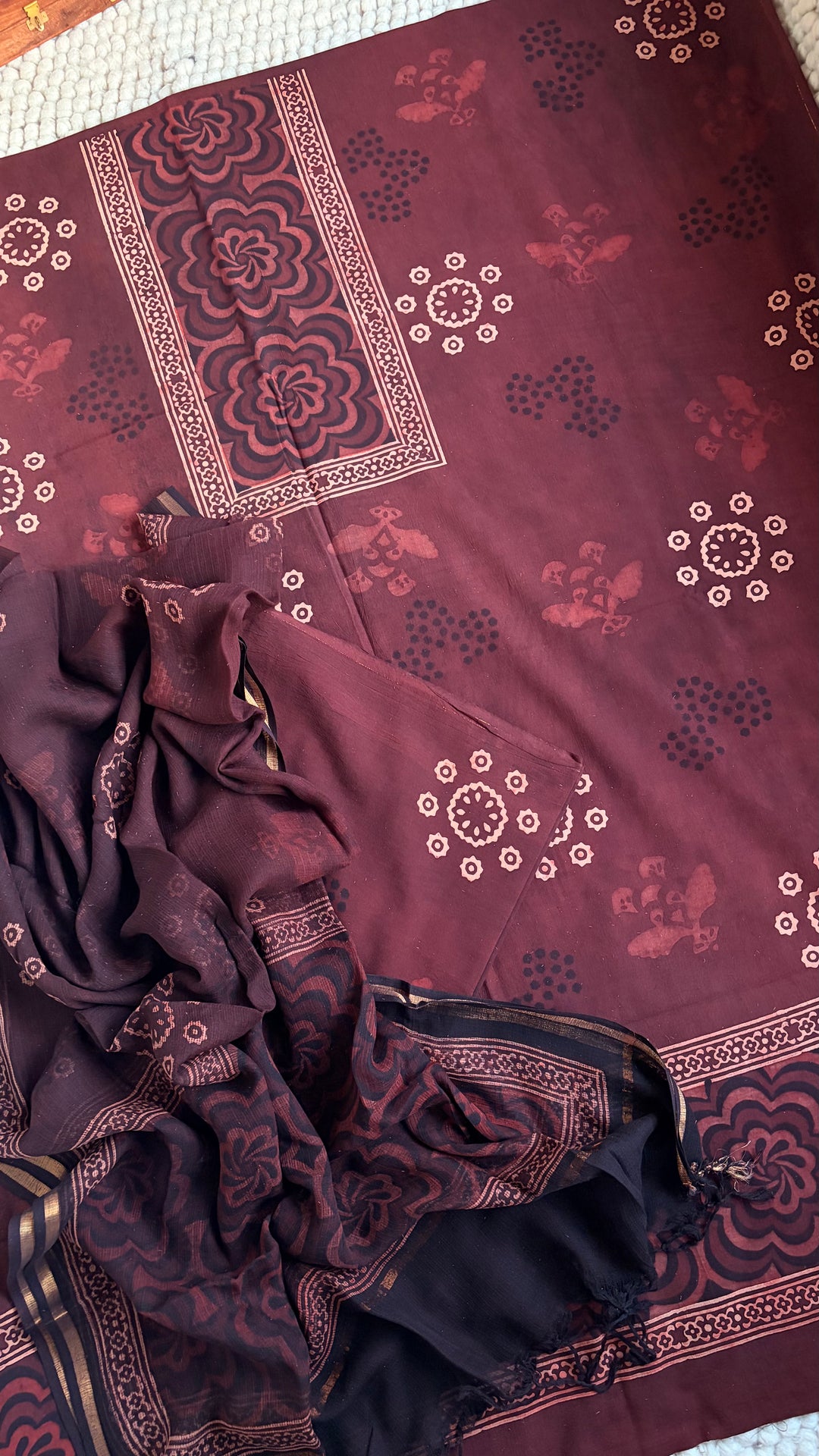 AJRAKH HANDBLOCK PRINTED UNSTITCHED DRESS MATERIAL (SET OF THREE)- RUSTY BROWN