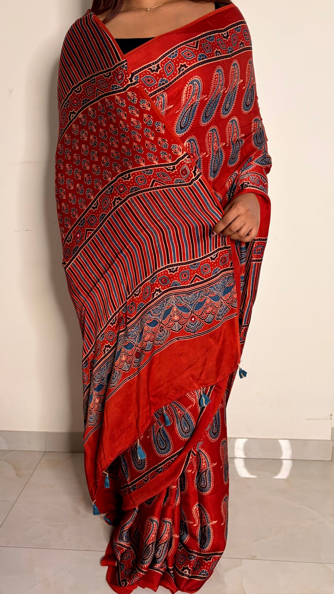 HEER - AJRAKH MADDER RED HAND BLOCK PRINTED PREMIUM MODAL SILK SAREE WITH MINIMAL MIRROR HAND-EMBROIDERY