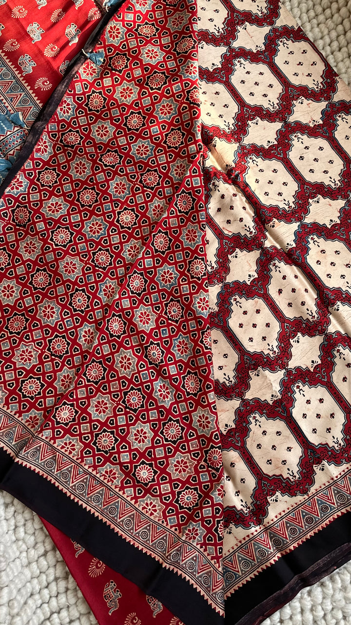 IVORY PANES - AJRAKH HAND BLOCK PRINTED PREMIUM MODAL SILK SAREE