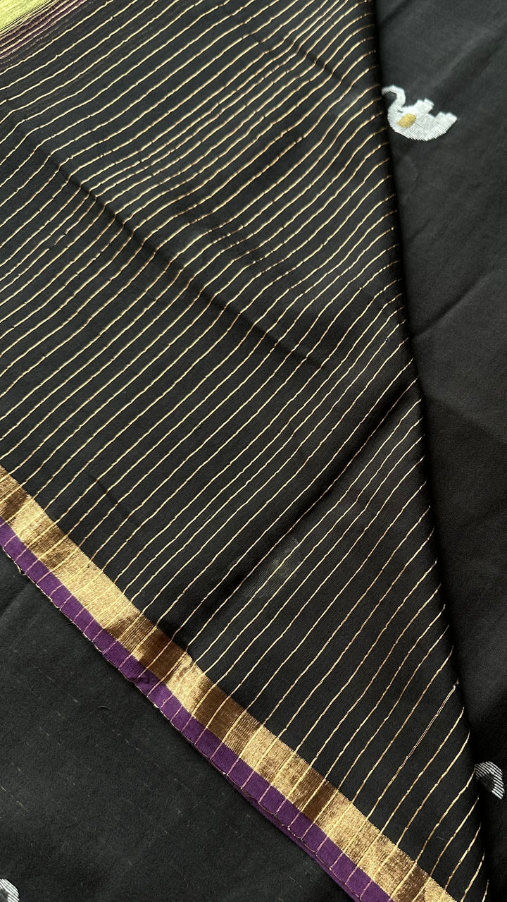 PREMIUM JAMDANI WEAVE HANDWOVEN PURE SILK BY PURE COTTON SAREE - OXFORD BLACK