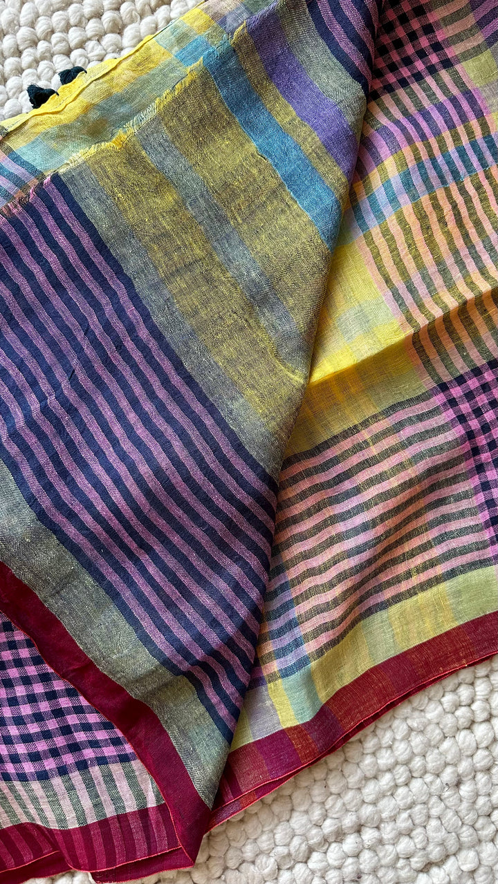 Multi Colour Checked Pure Handwoven Linen Saree - 009