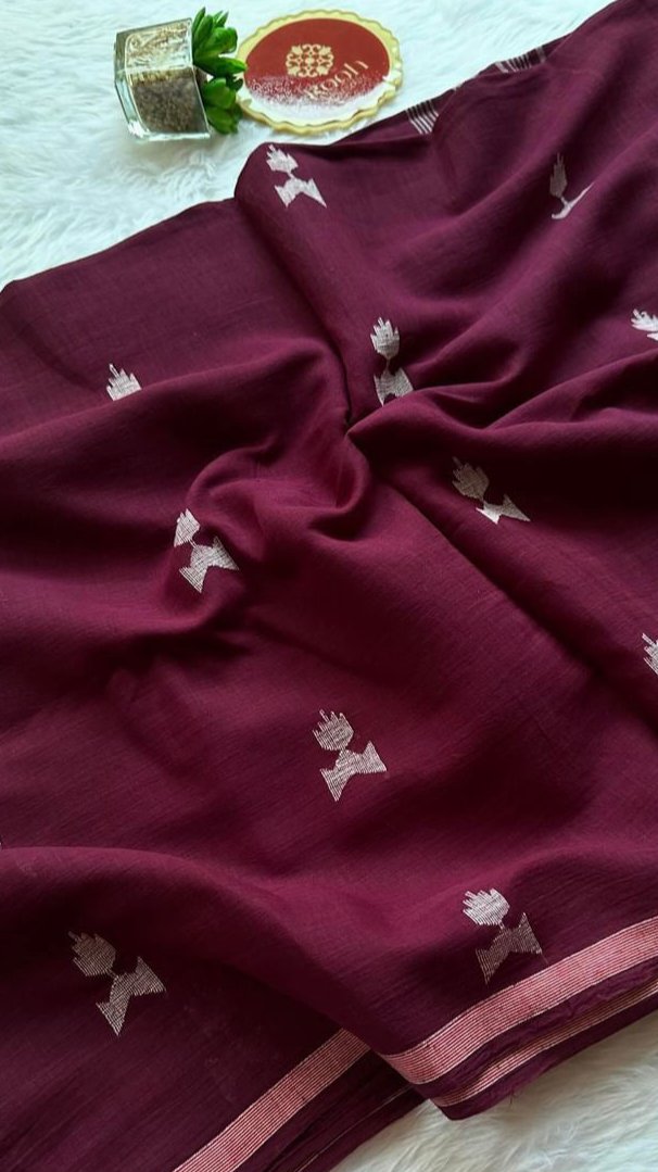 PREMIUM JAMDANI WEAVE HANDWOVEN AND HANDSPUN COTTON SAREE - BURGUNDY WINE