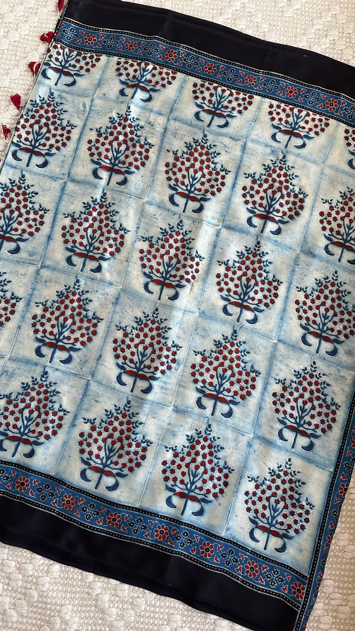 INDIGO PANES - PREMIUM AJRAKH HAND BLOCK PRINTED MODAL SILK SAREE