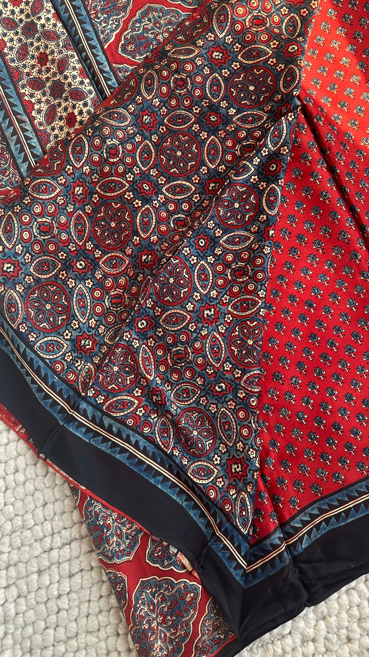 LOTUS ON MADDER RED - PREMIUM AJRAKH HAND BLOCK PRINTED PREMIUM MODAL SILK SAREE
