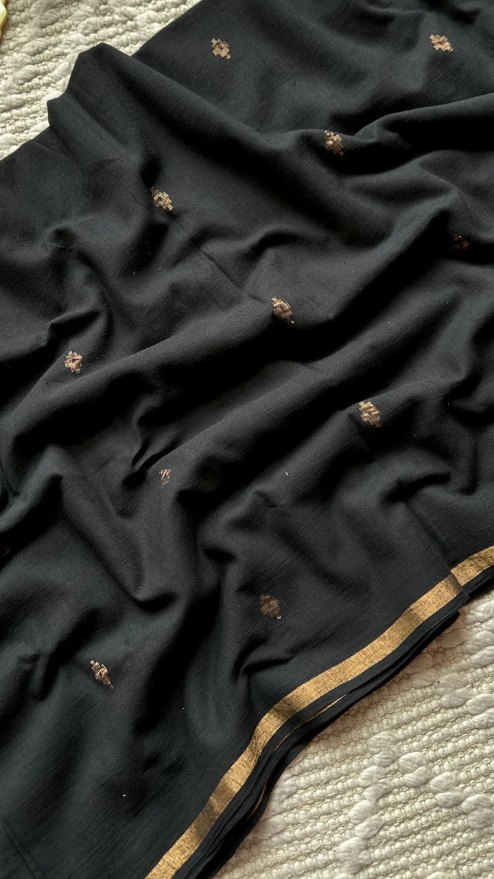 PREMIUM JAMDANI WEAVE HANDWOVEN AND HANDSPUN COTTON SAREE - RAVEN BLACK