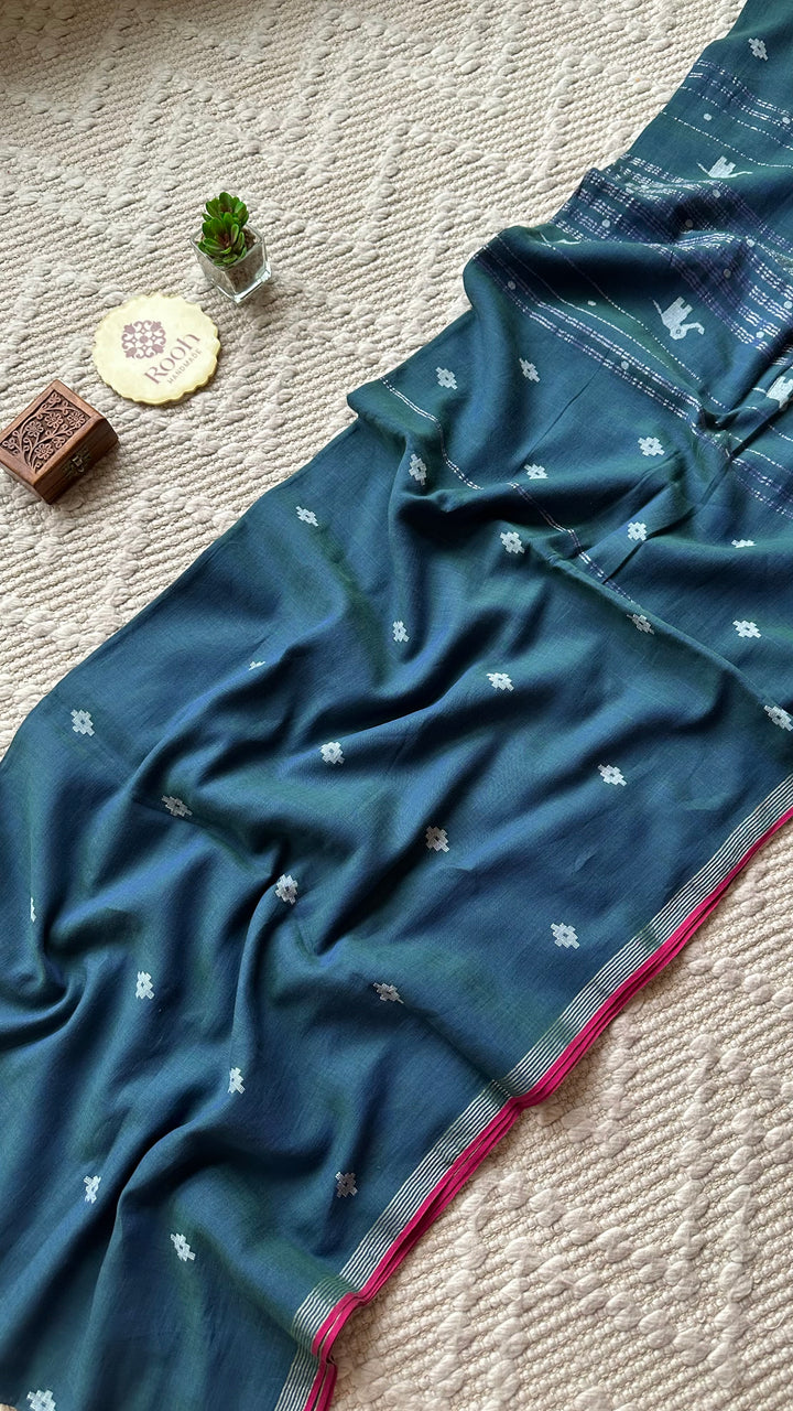 PREMIUM JAMDANI WEAVE HANDWOVEN AND HANDSPUN COTTON SAREE - PEACOCK BLUE