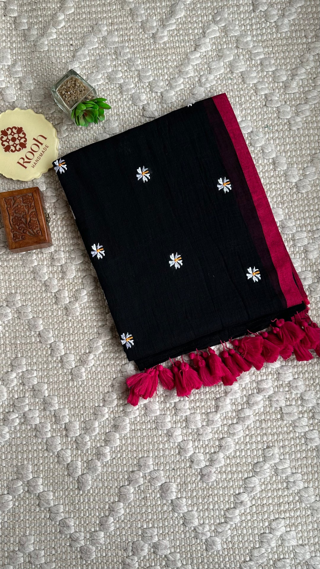 SHIULI - BLACK WITH PINK BORDER SUPER SOFT MUL COTTON SAREE (DISPATCH TIME- 7 TO 10 DAYS)