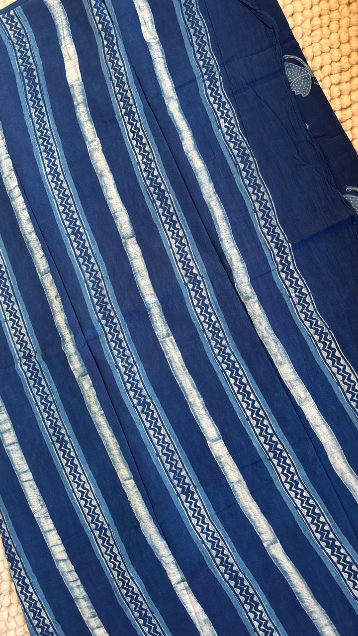 AKOLA INDIGO HAND BLOCK DABU PRINTED SOFT MULMUL COTTON SAREE- 025