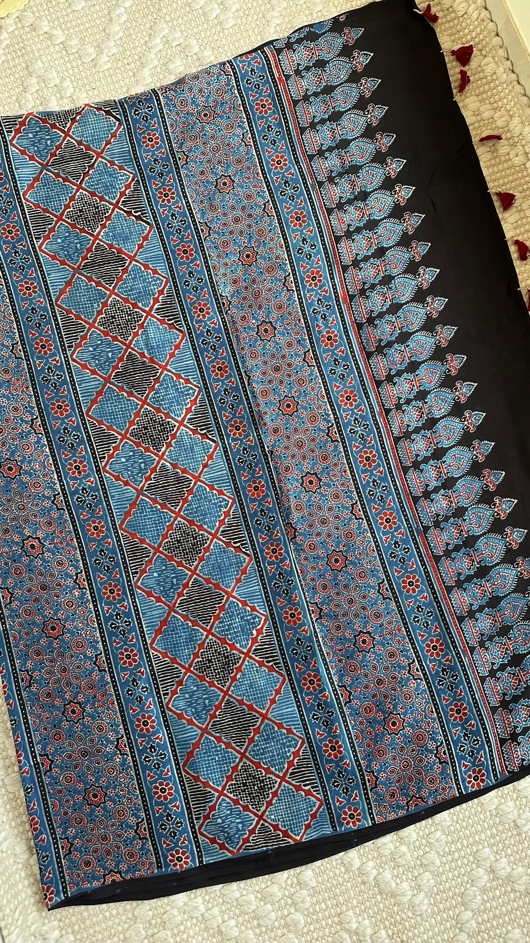 INDIGO PANES - PREMIUM AJRAKH HAND BLOCK PRINTED MODAL SILK SAREE