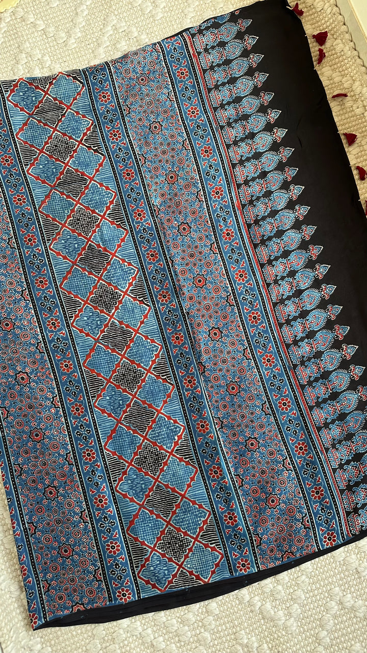 INDIGO PANES - PREMIUM AJRAKH HAND BLOCK PRINTED MODAL SILK SAREE