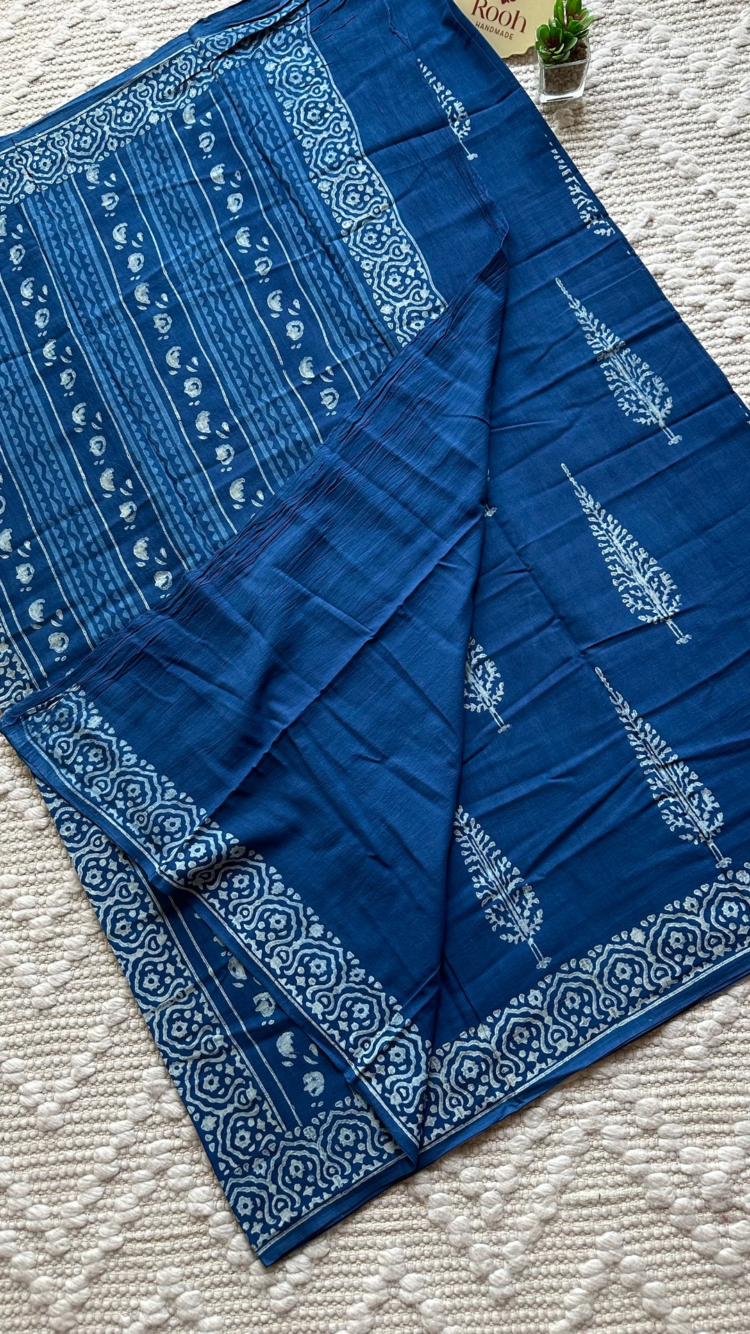 AKOLA INDIGO HAND BLOCK DABU PRINTED SOFT MULMUL COTTON SAREE- 016
