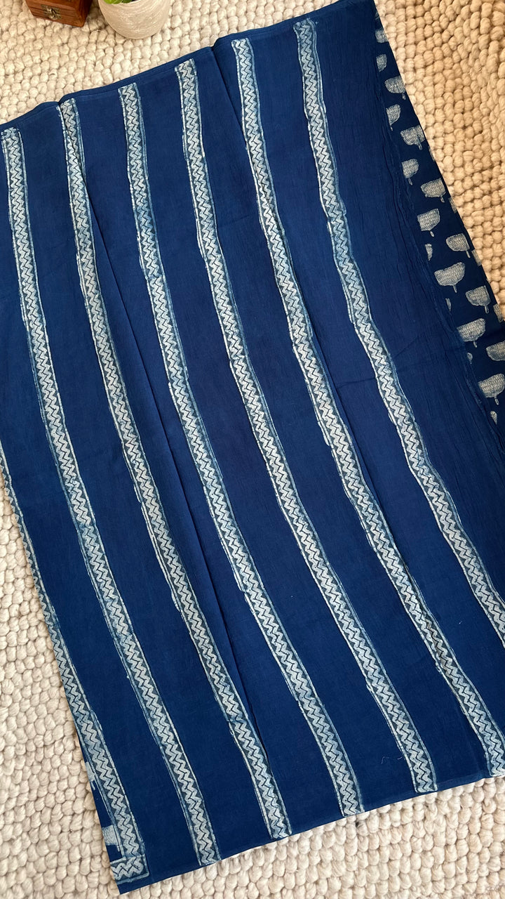 AKOLA INDIGO HAND BLOCK DABU PRINTED SOFT MULMUL COTTON SAREE- 029