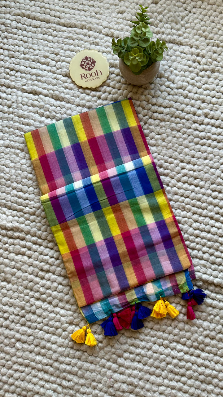 HANDWOVEN MULTICOLOUR CHECKERED MULMUL COTTON SAREE - 05 (DISPATCH TIME - 7 TO 10 DAYS)