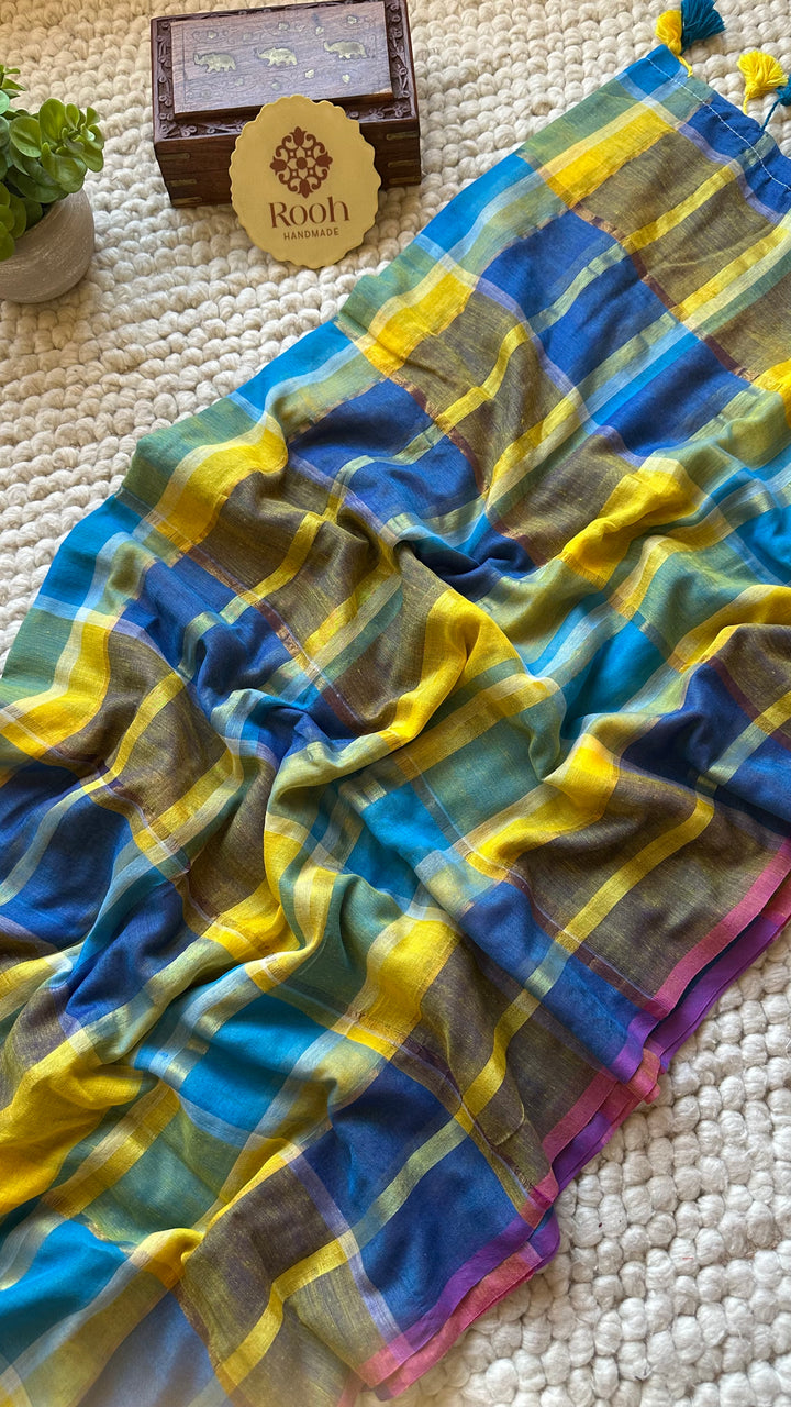 HANDWOVEN MULTICOLOUR ZARI CHECKS PURE MULMUL COTTON SAREE - 07