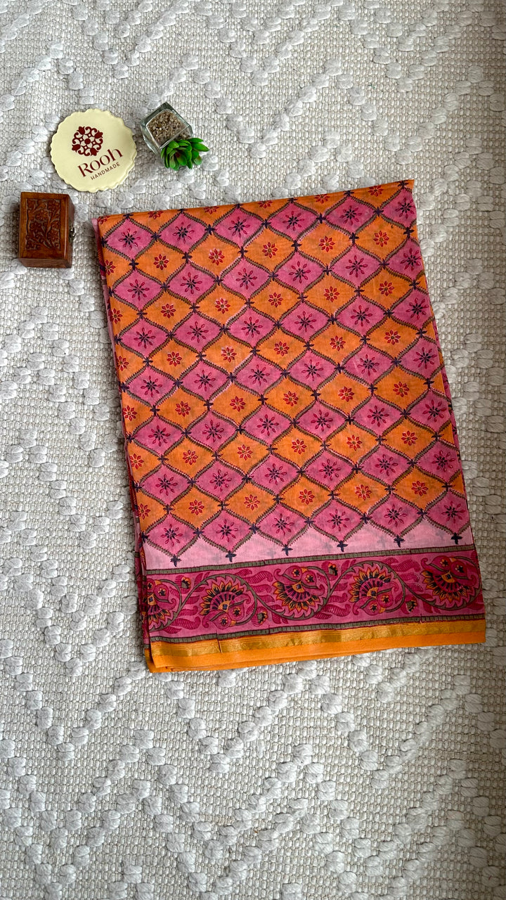 SANGANERI HAND BLOCK PRINTED SILK COTTON SAREE- 007
