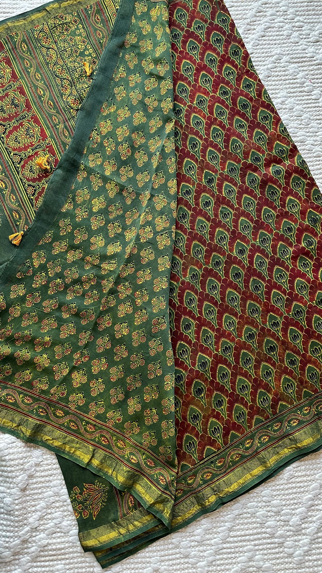 LOTUS PANES - MADDER RED AND GREEN AJRAKH HAND BLOCK PRINTED SILK COTTON SAREE